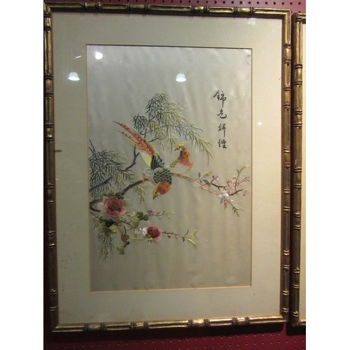 4027 - A framed and glazed pair of Chinese silk embroidered pictures, mid-20th Century. Image sizes 51cm x ... 