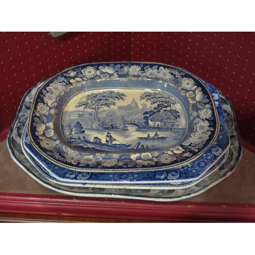 4044 - Four blue and white meat platters, including Wild rose, Spanish festivities etc, largest 41cm