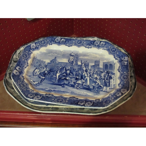 4044 - Four blue and white meat platters, including Wild rose, Spanish festivities etc, largest 41cm