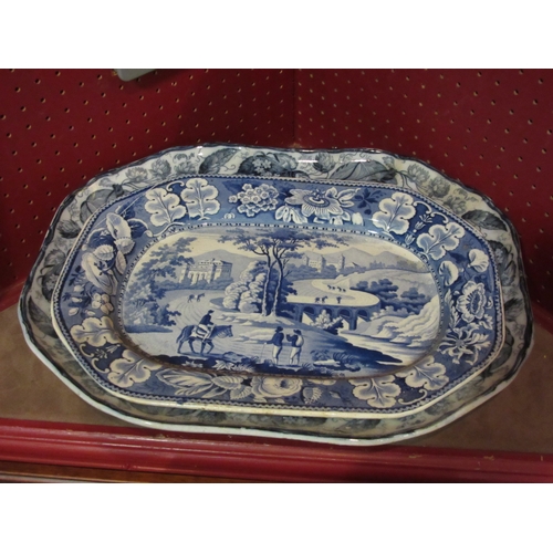 4044 - Four blue and white meat platters, including Wild rose, Spanish festivities etc, largest 41cm