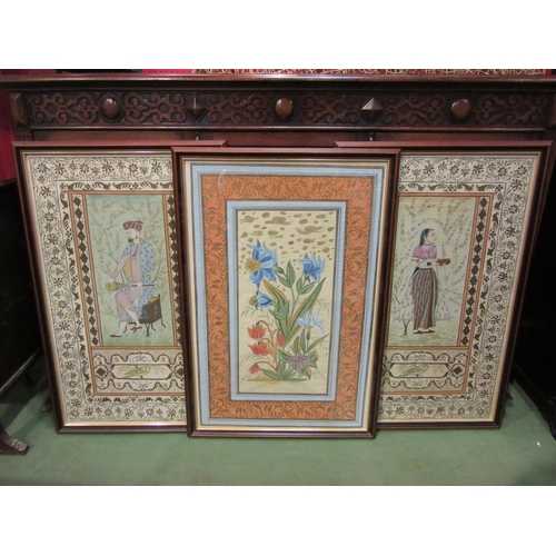 4045 - Three framed and glazed hand painted Rajasthani silks, frame size 87cm x 60cm