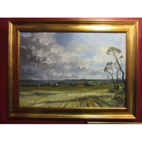 4046 - An oil on board of a field scene looking down to a village. Monogrammed R.G.H lower right. Framed. 4... 