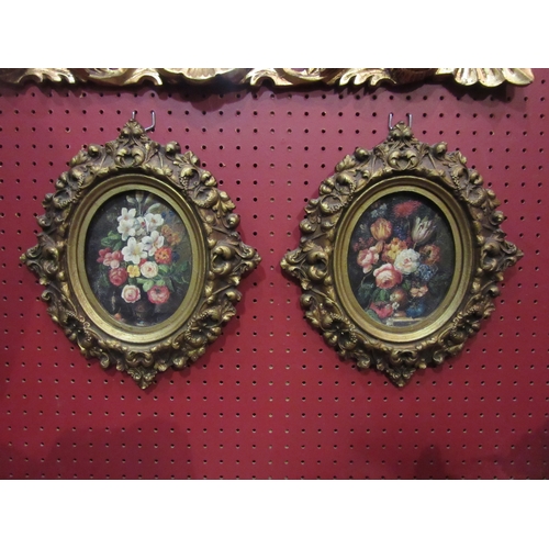 4052 - Two gilt and gesso framed oil on board of still lifes, 14.5cm x 12cm image size