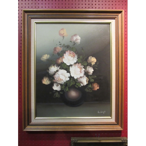 4056 - S.LEIGH: An oil on canvas still life of flowers in vase, framed, 50cm x 40cm image size