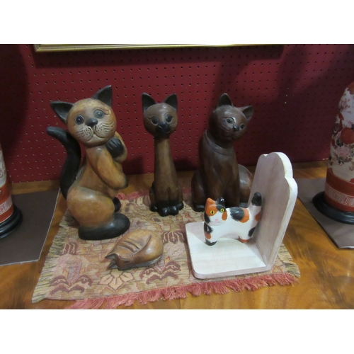 4071 - Five hardwood cat figures including a bookend, tallest 28cm