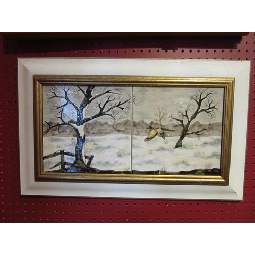 4106 - Two Cobridge stoneware framed tiles designed by Anji Davenport. Pheasant in flight on a frosty day, ... 