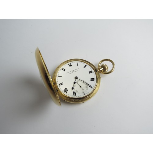 7037 - A William Farmer and Co, Sydney 18ct gold half hunter pocket watch, blued steel hands, subsidiary se... 