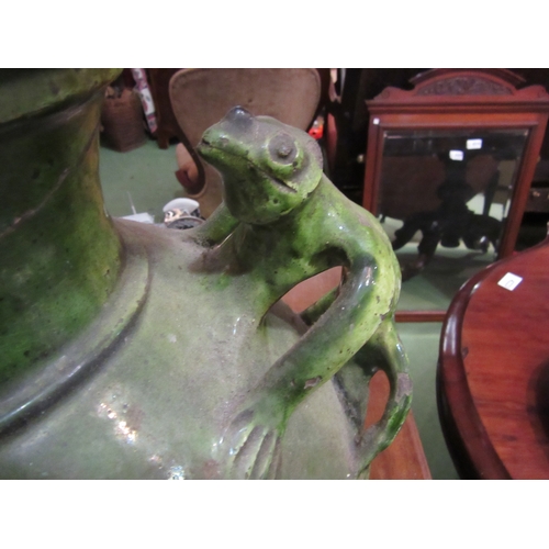 4225 - A large terracotta green glazed vase with ornamental lizard form handles, 46cm tall, a/f