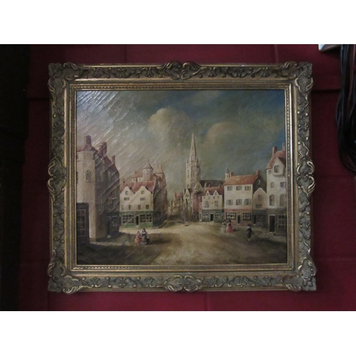 4239 - A naive oil on canvas of street scene with spire to background, gilt framed, 49cm x 59cm image size