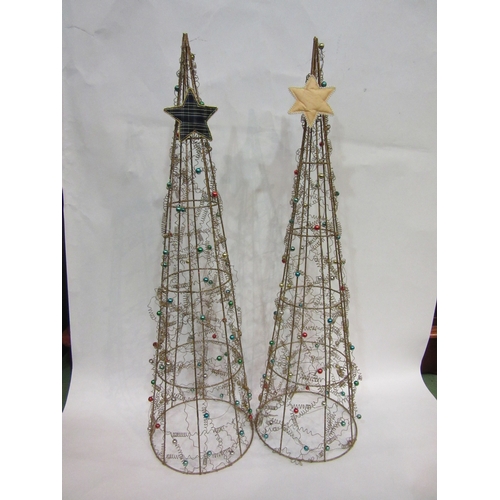 4275 - A pair of gilt wirework Christmas trees with coloured bauble decoration, 80cm tall