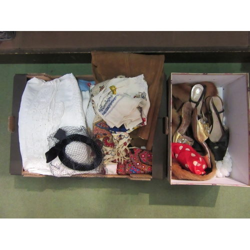 4285 - Two boxes of vintage fashion accessories to include a Bergdorf Goodman 1950's navy velvet and net he... 