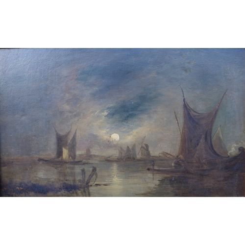 6009 - A 19th Century school oil on wooden board depicting a moonlit seascape. 'J B Crome' on gilt frame. L... 