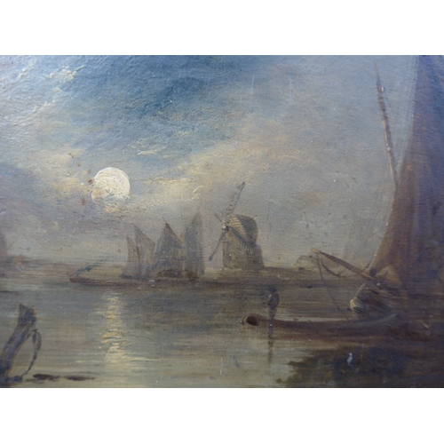 6009 - A 19th Century school oil on wooden board depicting a moonlit seascape. 'J B Crome' on gilt frame. L... 