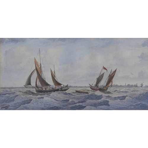 6047 - GEORGE VEMPLEY BURWOOD (1844-1917) A pair of framed and glazed watercolours, sailing ships on rough ... 