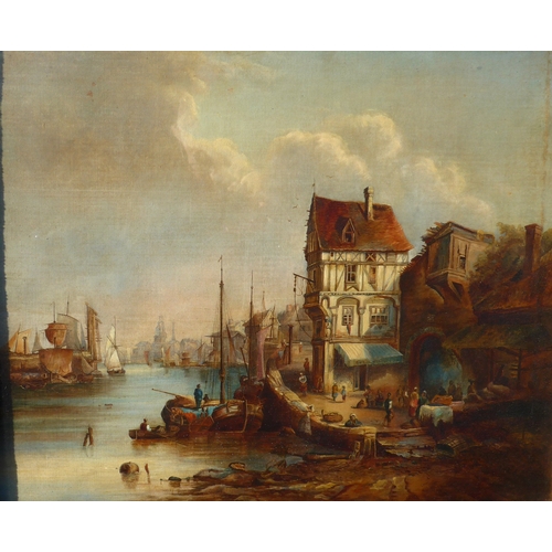 6010 - A late 19th Century oil on canvas of a Dutch fishing port. Unsigned work set in an ornate gilt frame... 