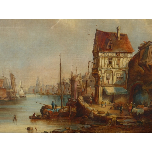 6010 - A late 19th Century oil on canvas of a Dutch fishing port. Unsigned work set in an ornate gilt frame... 