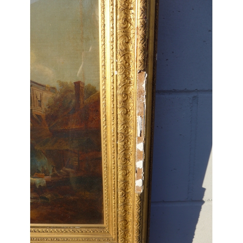 6010 - A late 19th Century oil on canvas of a Dutch fishing port. Unsigned work set in an ornate gilt frame... 