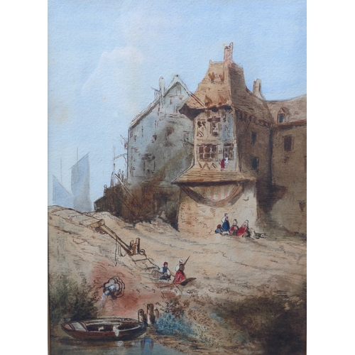 6046 - A 19th Century gilt framed and glazed watercolour of a Coastal village scene with figures beside a b... 