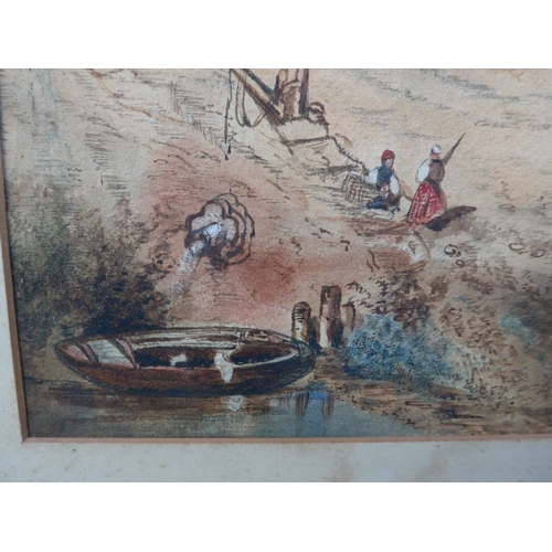 6046 - A 19th Century gilt framed and glazed watercolour of a Coastal village scene with figures beside a b... 