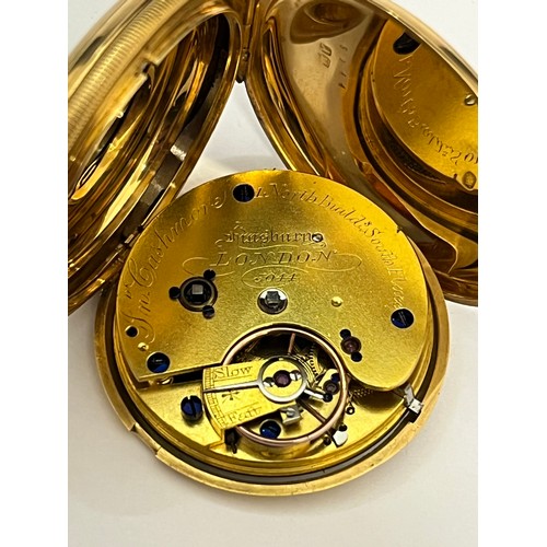 5068 - JOHN CASHMORE: A 19th Century 18ct gold full hunter pocket watch, fusee driven movement with English... 