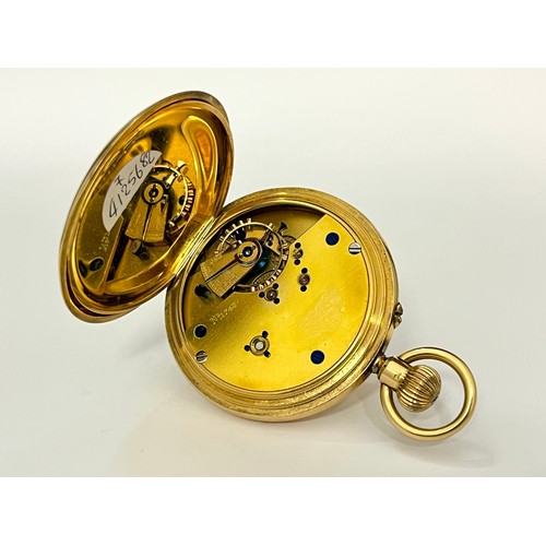 5069 - An early 20th Century 18ct gold full hunter pocket watch, three-quarter plate movement, English leve... 