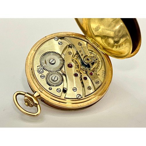 5090 - An early 20th Century 9ct gold half hunter pocket watch, Swiss lever escapement, gilded Arabic dial ... 