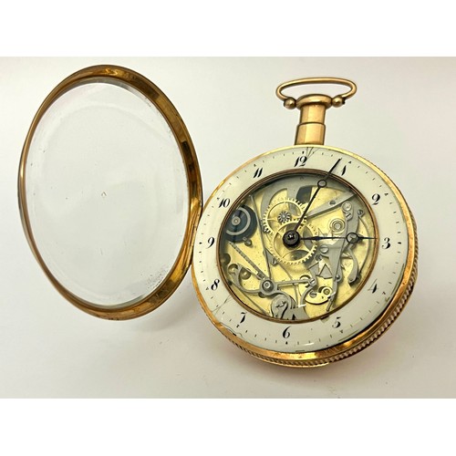 5073 - An early 19th Century Continental 18k gold repeating pocket watch, skeletonised dial with Arabic num... 