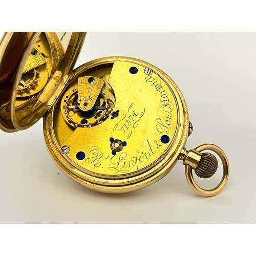 5034 - ROBERT LINFORD & SON OF NORWICH: An early 20th Century 18ct gold open-faced pocket watch, three-quar... 