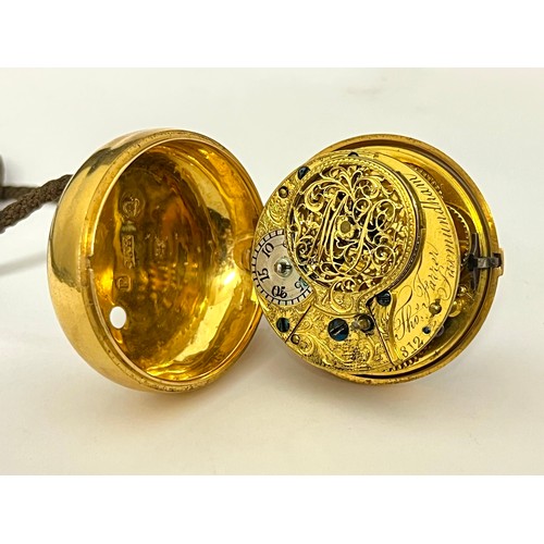 5054 - THOMAS FARRER OF SAXMUNDHAM, SUFFOLK: A George III 18ct gold pair cased pocket watch, fusee driven w... 