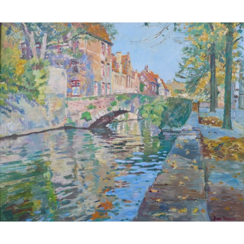 6068 - FAITH SHEPPARD (1920-2008) 'Bruges Mee Bridge, Autumn in Bruges'. Oils on board, signed bottom right... 