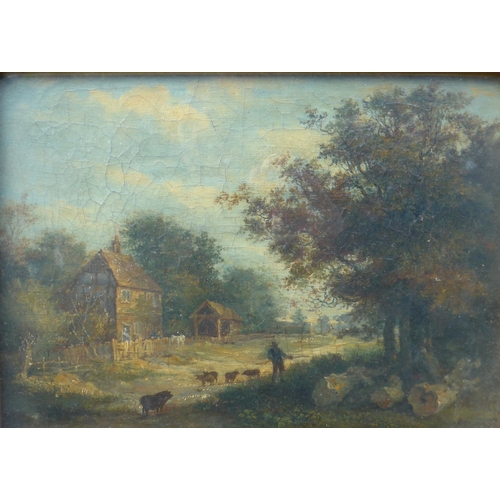 6016 - A 19th Century School oil on canvas, rural lane scene with shepherd. Unsigned. 'J Crome' on frame. I... 