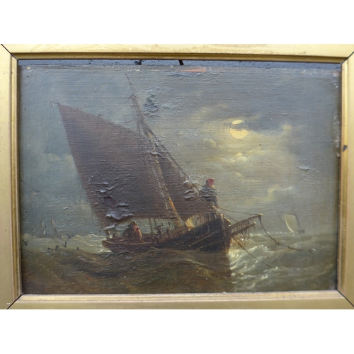 6011 - A 19th Century oils on board, moonlit fishing boat scene. 'J B Crome' on frame. Image size 14cm x 19... 