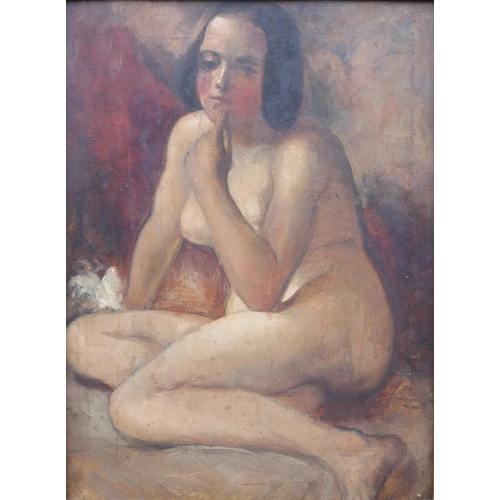 6024 - Follower of William Etty - A 19th Century ornate gilt framed oil on card, seated female nude. Unsign... 