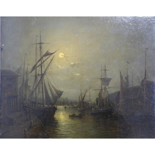 6001 - JOHN MOORE of Ipswich (1821-1902) An unframed oil on wooden board 'West Dock'. Signed bottom right. ... 