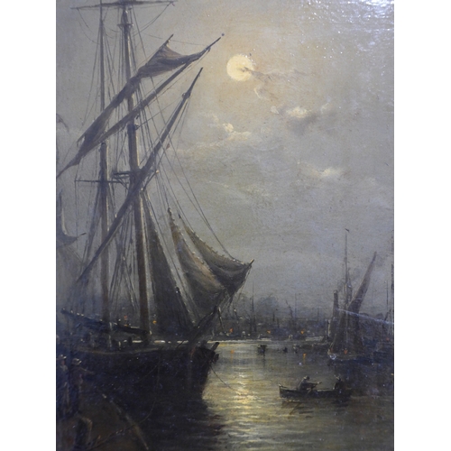 6001 - JOHN MOORE of Ipswich (1821-1902) An unframed oil on wooden board 'West Dock'. Signed bottom right. ... 