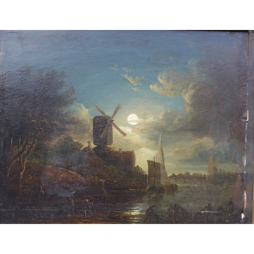 6008 - A 19th Century school oil on wooden panel, moonlit river scene. Labelled attribution as 'Old Crome'.... 