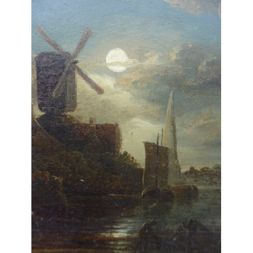 6008 - A 19th Century school oil on wooden panel, moonlit river scene. Labelled attribution as 'Old Crome'.... 