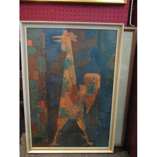 1056 - An abstract print of a cockerel, framed, 62cm x 42cm, a coloured photograph of ruins, framed and gla... 