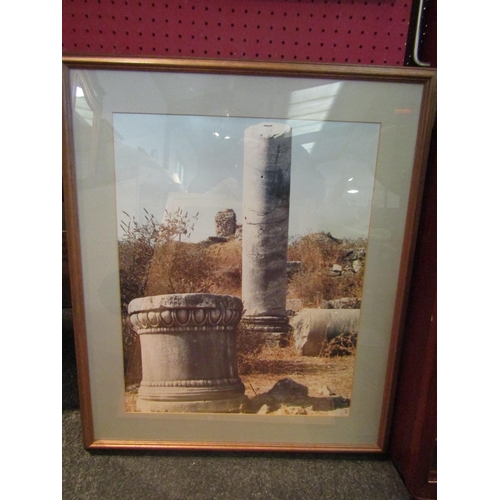 1056 - An abstract print of a cockerel, framed, 62cm x 42cm, a coloured photograph of ruins, framed and gla... 