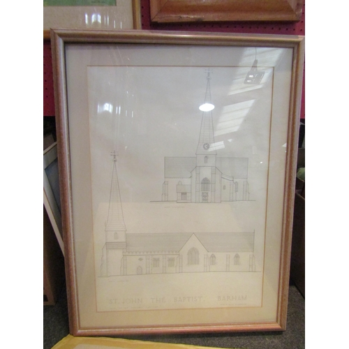 1062 - An architectural drawing of St. John the Baptist, Barham, framed and glazed, 65cm x 46cm and a simil... 