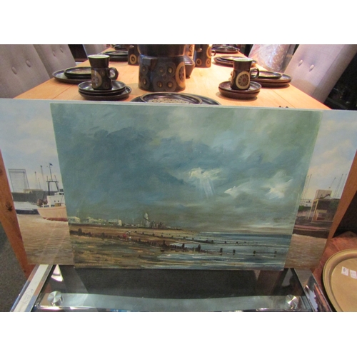 1087 - Two oils on board depicting a coastal town beach scene and Thames Tower Bridge with tugs and ships (... 