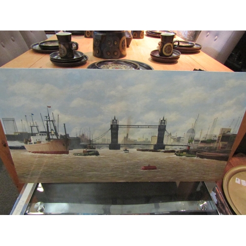 1087 - Two oils on board depicting a coastal town beach scene and Thames Tower Bridge with tugs and ships (... 