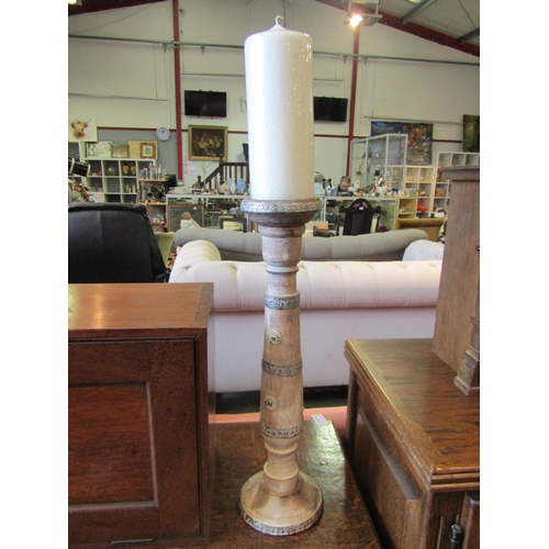 1166 - A pair of Indian wooden prick stick candlesticks, 45cm tall and two pillar candlesticks