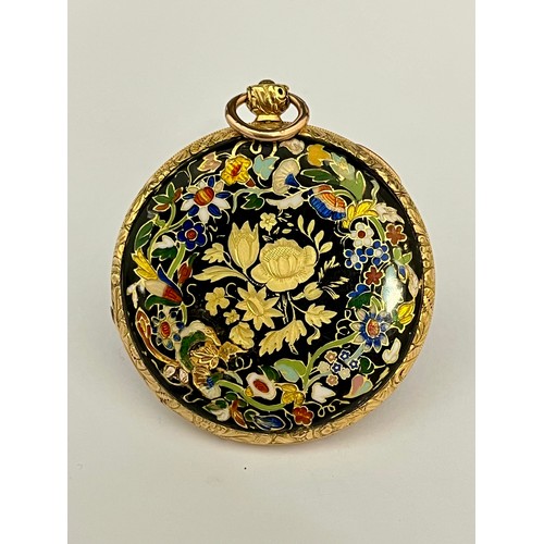 5085 - KINABLE PALAIS ROYAL: A 19th Century 18ct gold full hunter pocket watch, enamelled case with design ... 