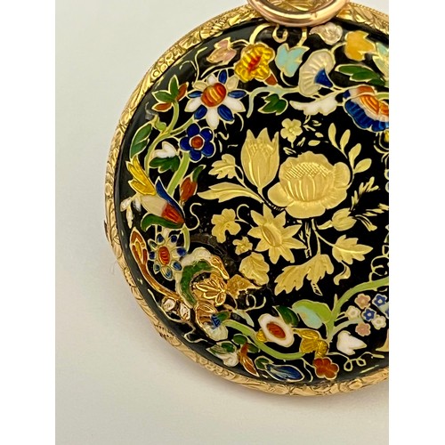 5085 - KINABLE PALAIS ROYAL: A 19th Century 18ct gold full hunter pocket watch, enamelled case with design ... 