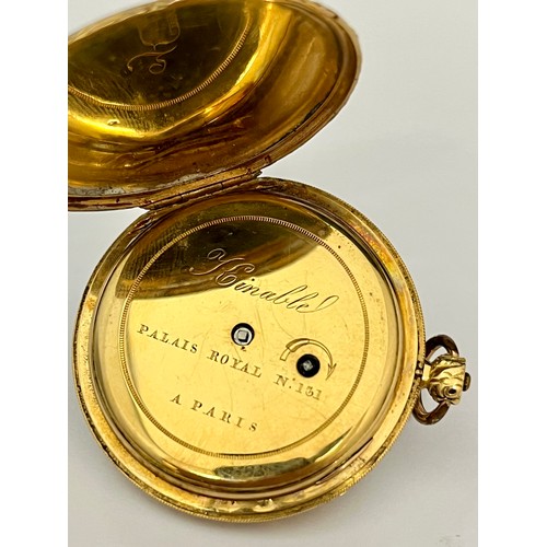 5085 - KINABLE PALAIS ROYAL: A 19th Century 18ct gold full hunter pocket watch, enamelled case with design ... 