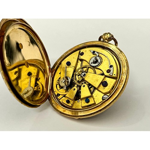 5085 - KINABLE PALAIS ROYAL: A 19th Century 18ct gold full hunter pocket watch, enamelled case with design ... 