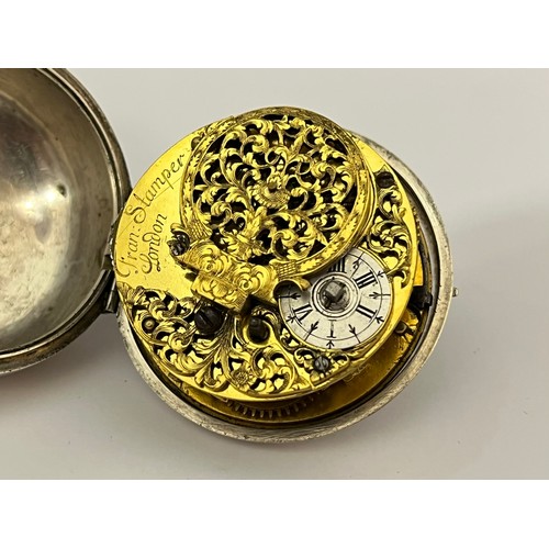 5265 - FRANCIS STAMPER OF LONDON: A late 17th / early 18th Century silver pair cased pocket watch, the oute... 