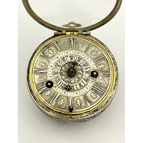 5281 - TURET (THURET) A PARIS: A late 17th Century silver pair cased pocket watch, the outer case with repo... 