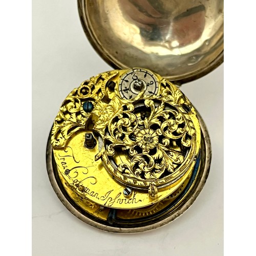 5271 - SIGNED FRA. COLMAN, IPSWICH: A late 17th Century silver pair cased pocket watch, the outer case with... 